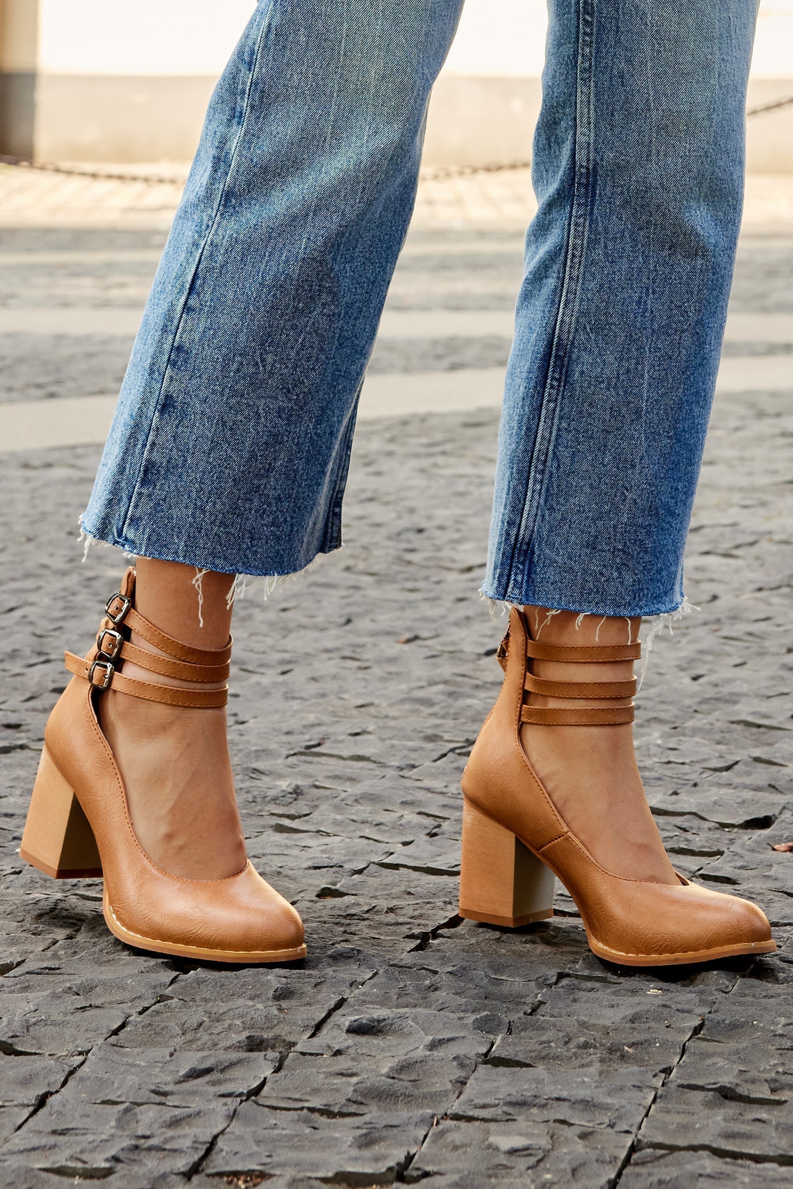 Refined Ankle Strap Block Heel Boots