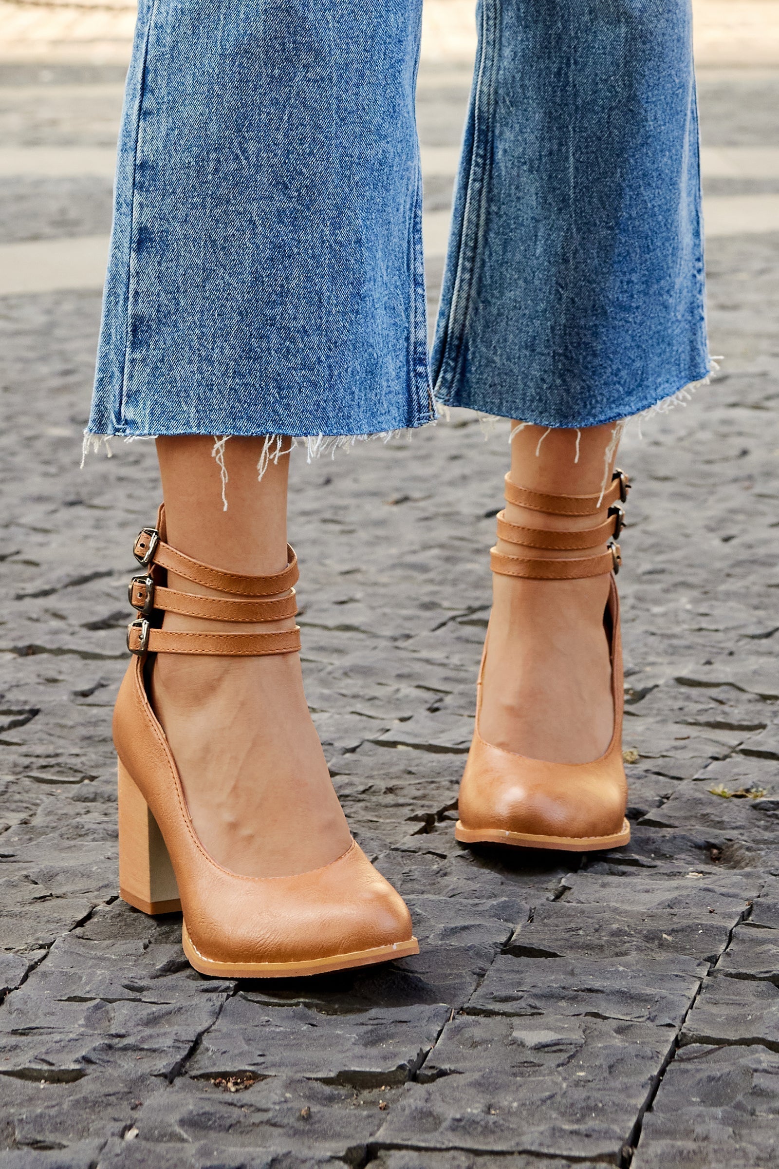 Refined Ankle Strap Block Heel Boots