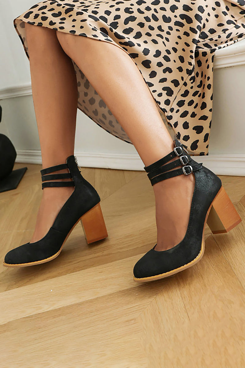 Refined Ankle Strap Block Heel Boots