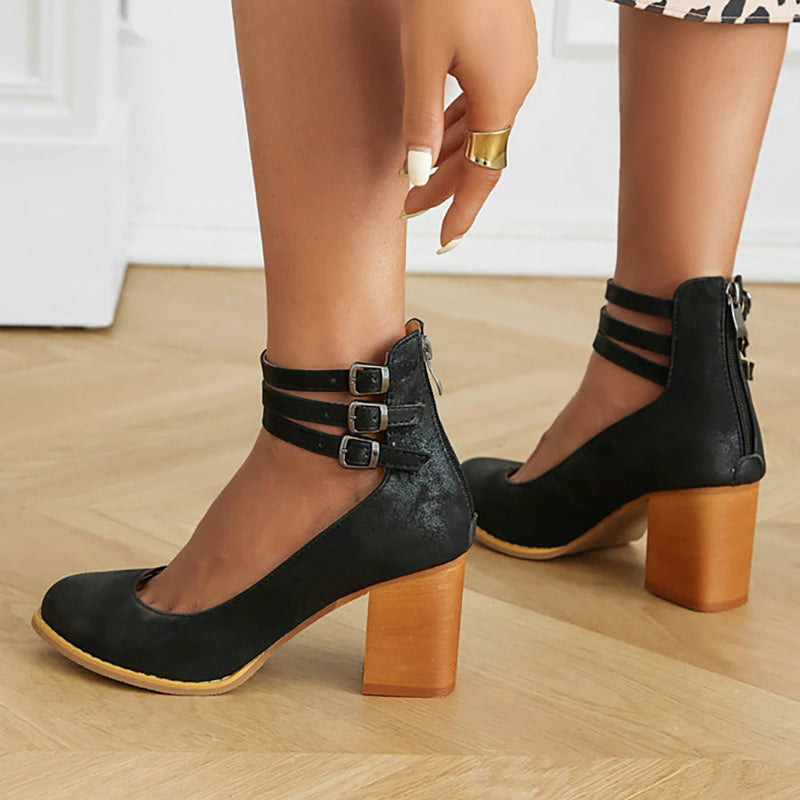 Refined Ankle Strap Block Heel Boots