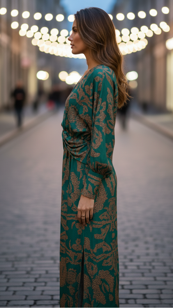 Women's V-Neck Midi Dress Long Sleeve Floral Print High Slit Twist Front