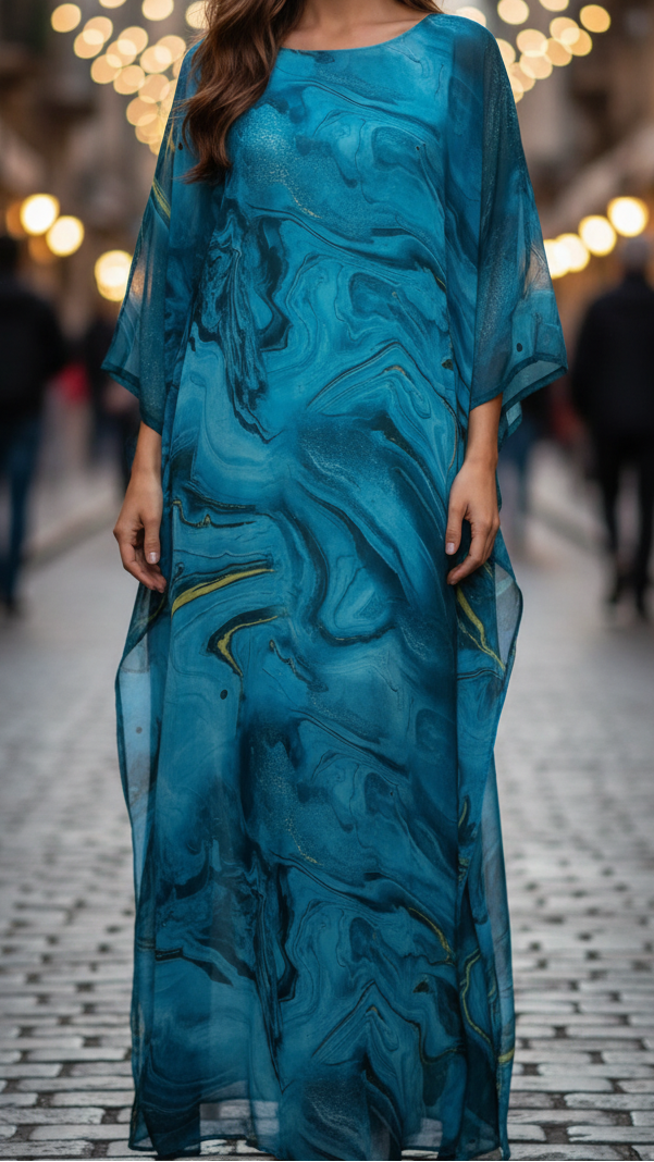 Women's Chiffon Maxi Dress Marble Print Kimono Sleeve Scoop Neck Beach Casual
