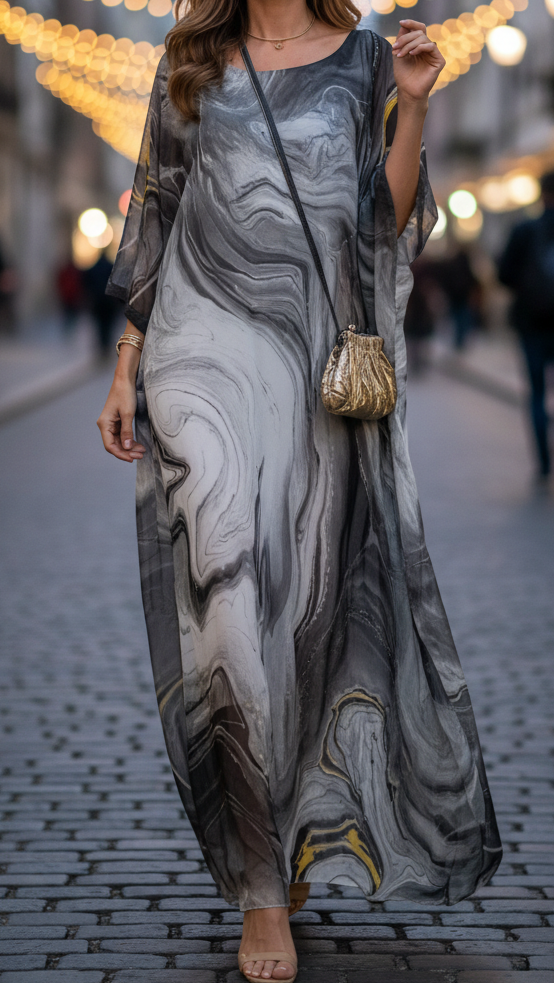 Women's Chiffon Maxi Dress Marble Print Kimono Sleeve Scoop Neck Beach Casual