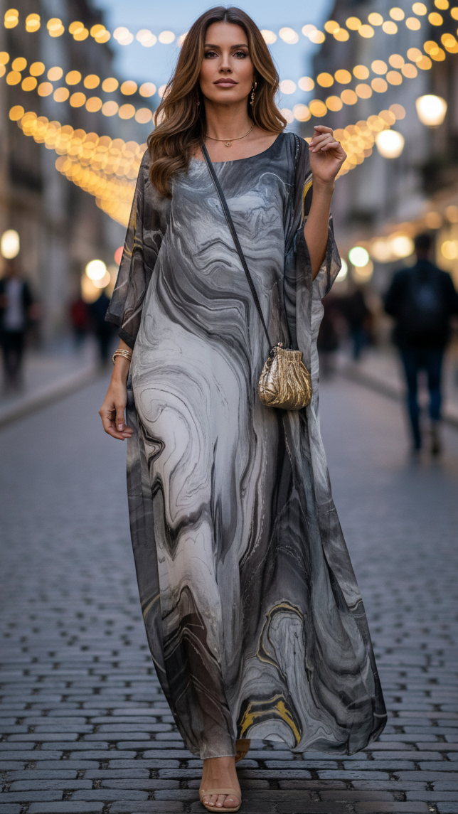 Women's Chiffon Maxi Dress Marble Print Kimono Sleeve Scoop Neck Beach Casual