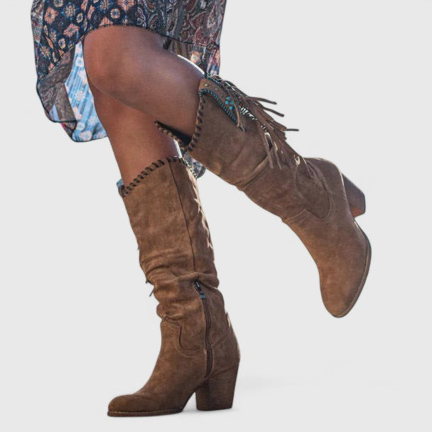 Stylish Fringe Knee High Block Heel Boots