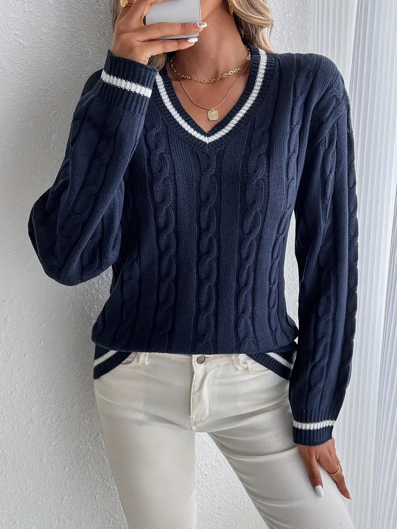 Loureth | Women's Cable Knit V-Neck Sweater