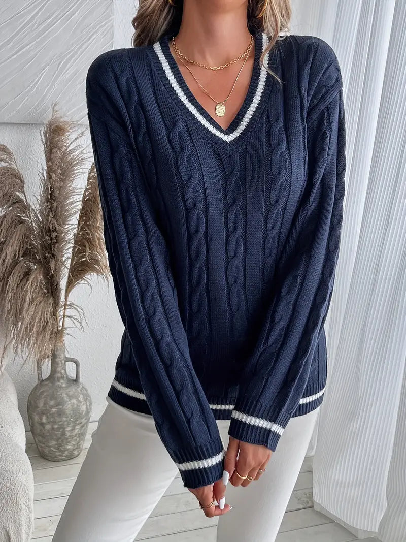 Loureth | Women's Cable Knit V-Neck Sweater