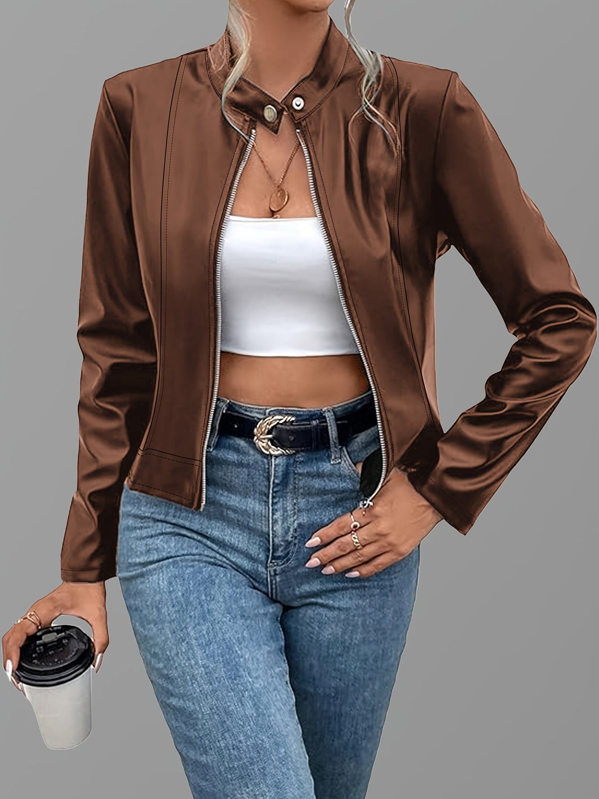 Marvelle | Women's Zip-Up Cropped Faux Leather Jacket