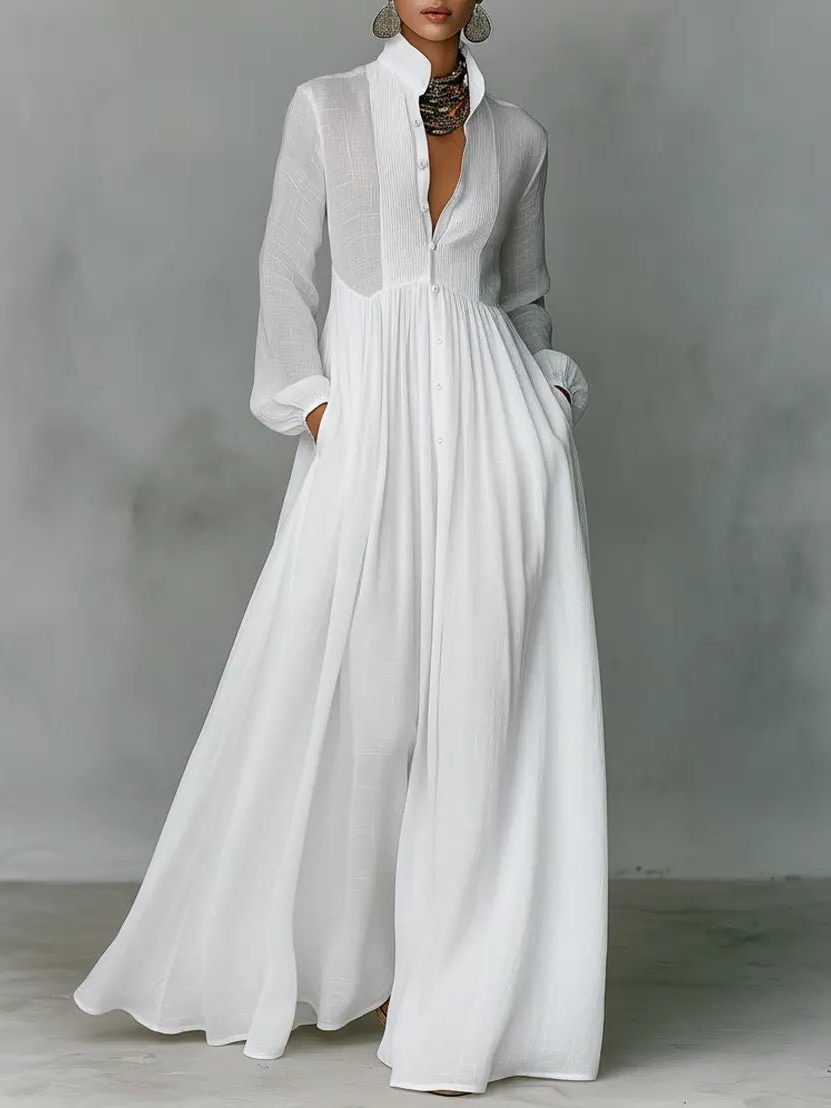 Women's Linen Blend Maxi Shirt Dress Stand Collar Long Sleeve Pockets Casual