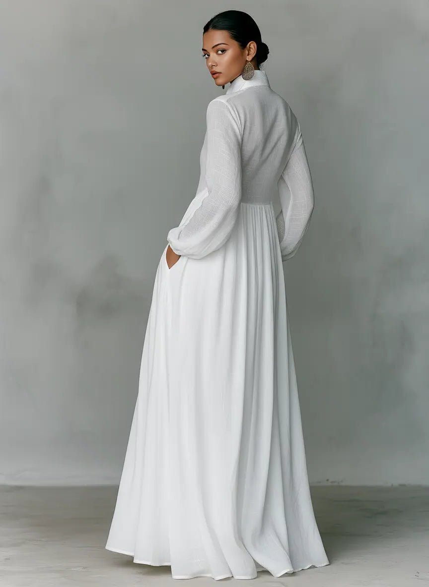 Women's Linen Blend Maxi Shirt Dress Stand Collar Long Sleeve Pockets Casual