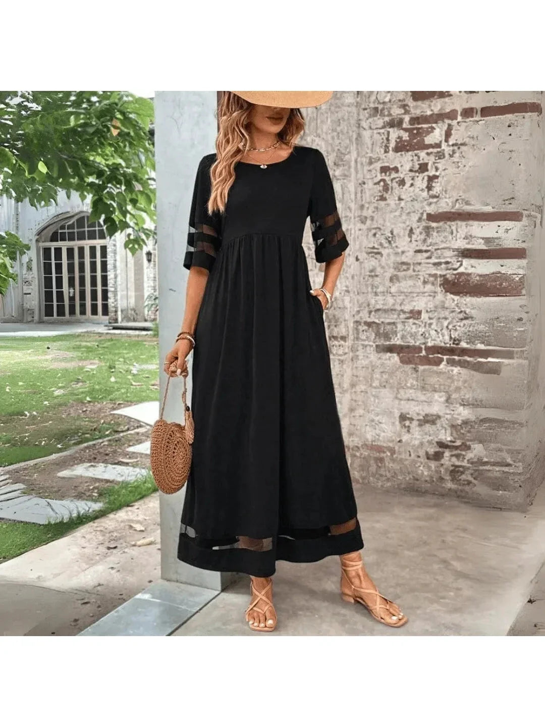 Women's Maxi Dress Mesh Panel Short Sleeve Round Neck Pocket Casual Beach