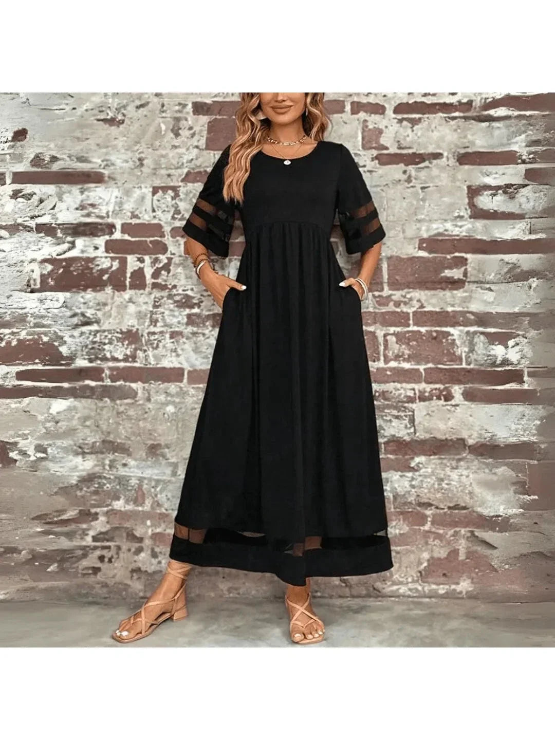 Women's Maxi Dress Mesh Panel Short Sleeve Round Neck Pocket Casual Beach