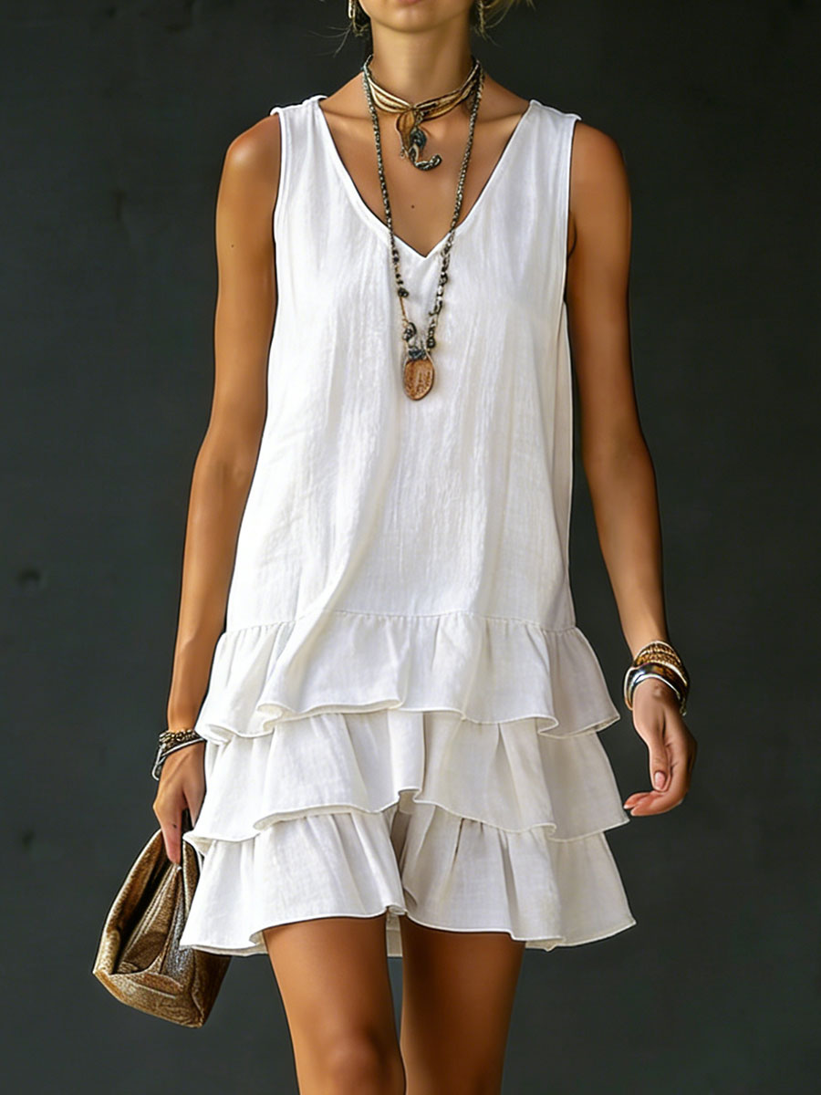 Women's Linen Mini Dress V-Neck Sleeveless Tiered Ruffle Casual Beach