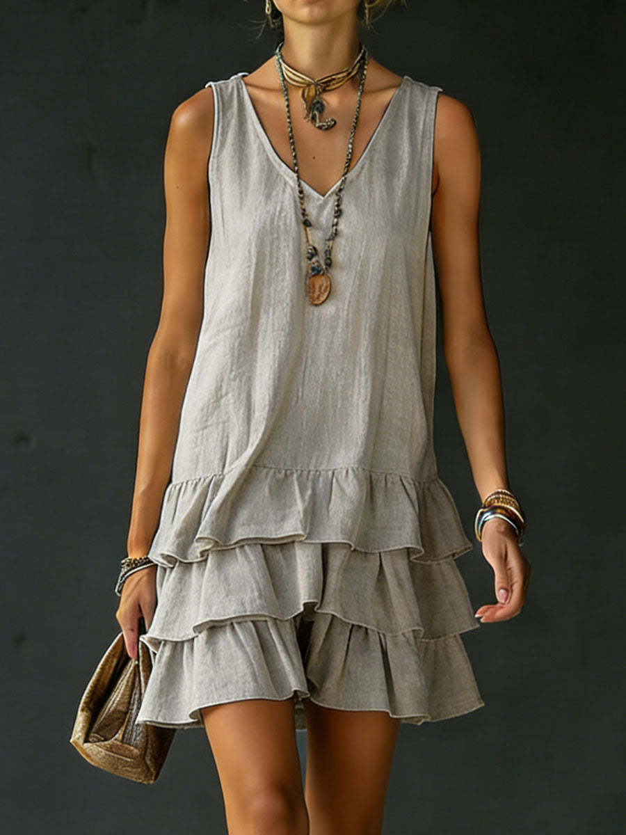 Women's Linen Mini Dress V-Neck Sleeveless Tiered Ruffle Casual Beach