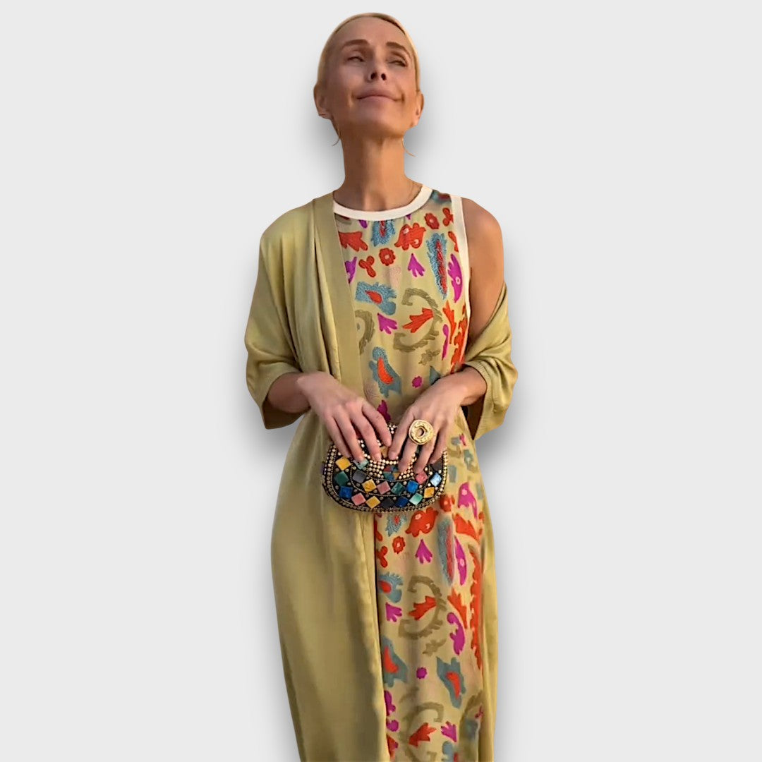Vera – Flowing Maxi Dress with Pastel Cardigan
