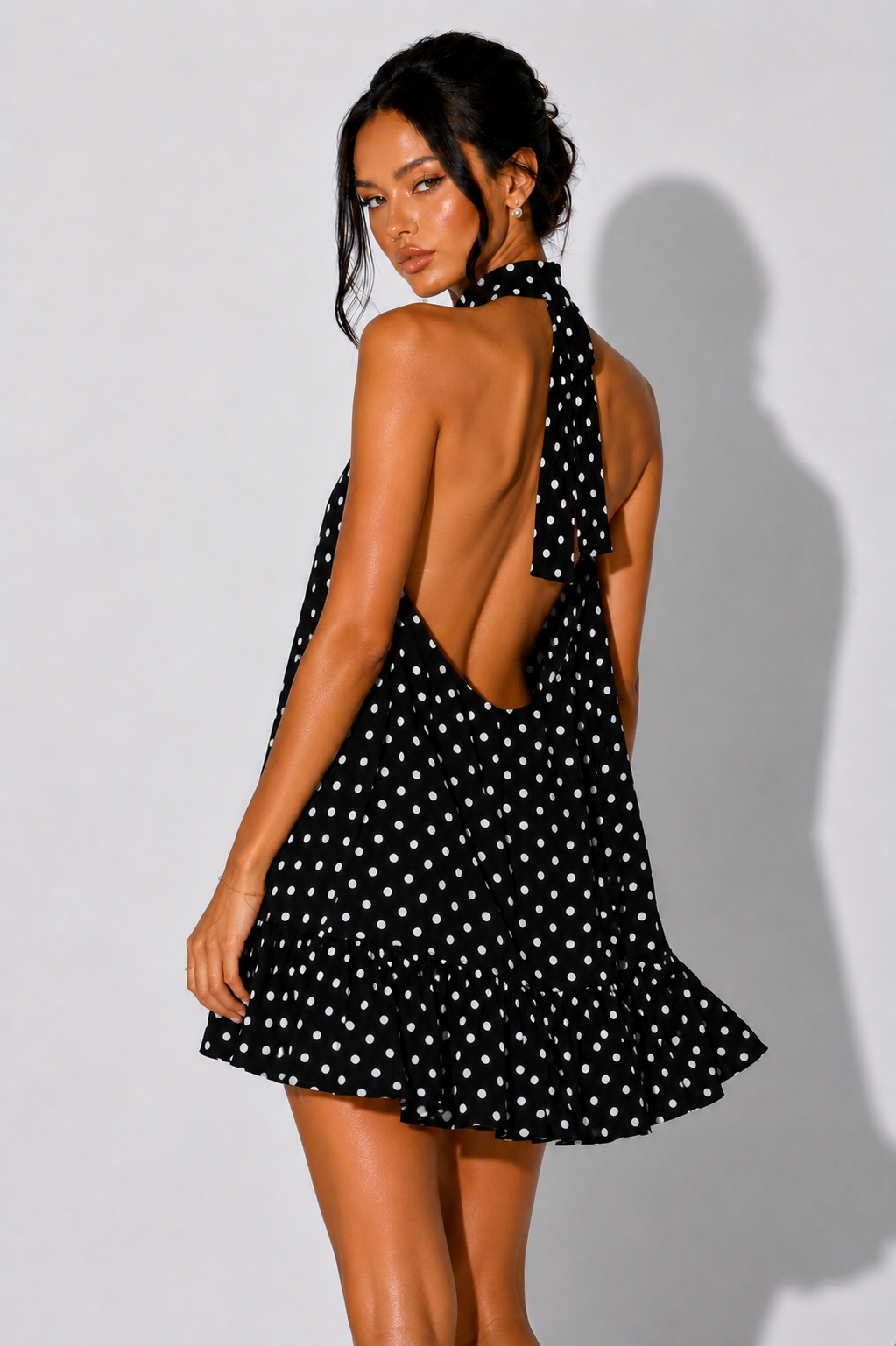 Women's Halterneck Mini Dress Polka Dot Sleeveless Tiered Ruffle Summer Beach