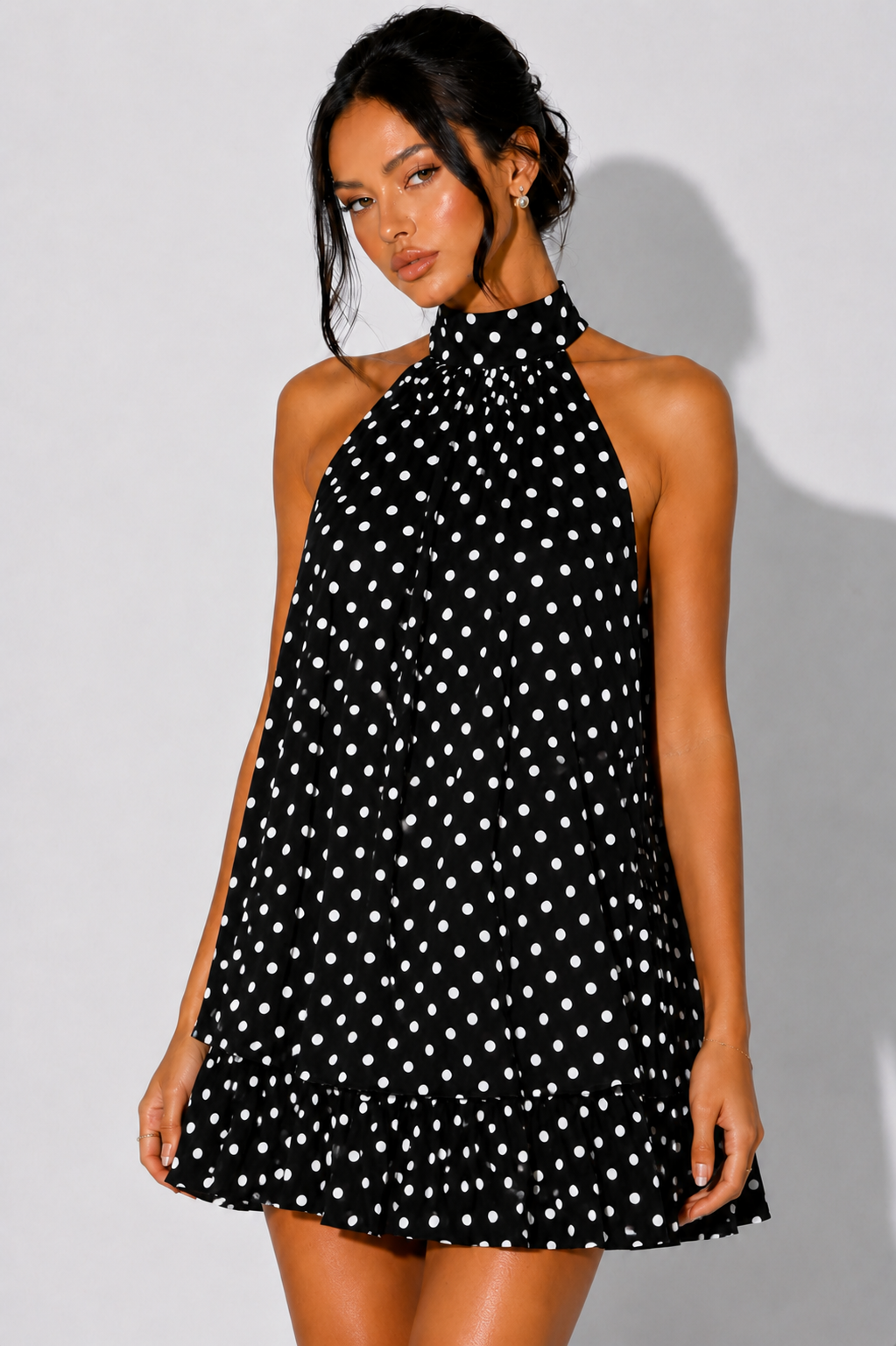 Women's Halterneck Mini Dress Polka Dot Sleeveless Tiered Ruffle Summer Beach