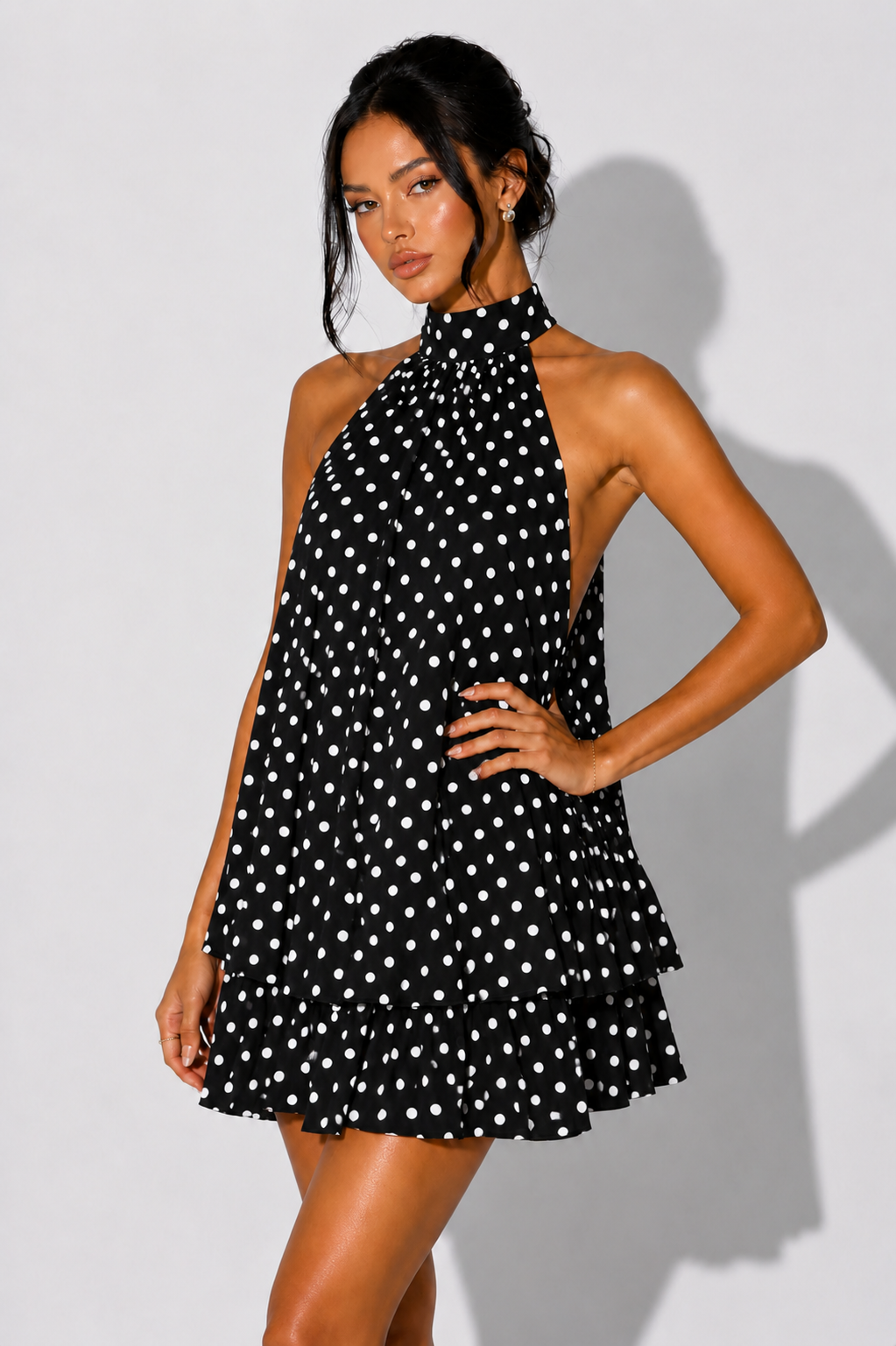 Women's Halterneck Mini Dress Polka Dot Sleeveless Tiered Ruffle Summer Beach