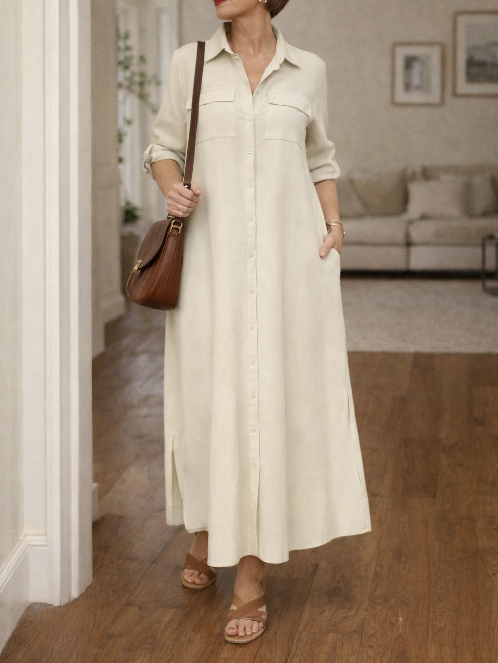 Women's Maxi Shirt Dress Collared Button Front Long Sleeve Side Slit Casual
