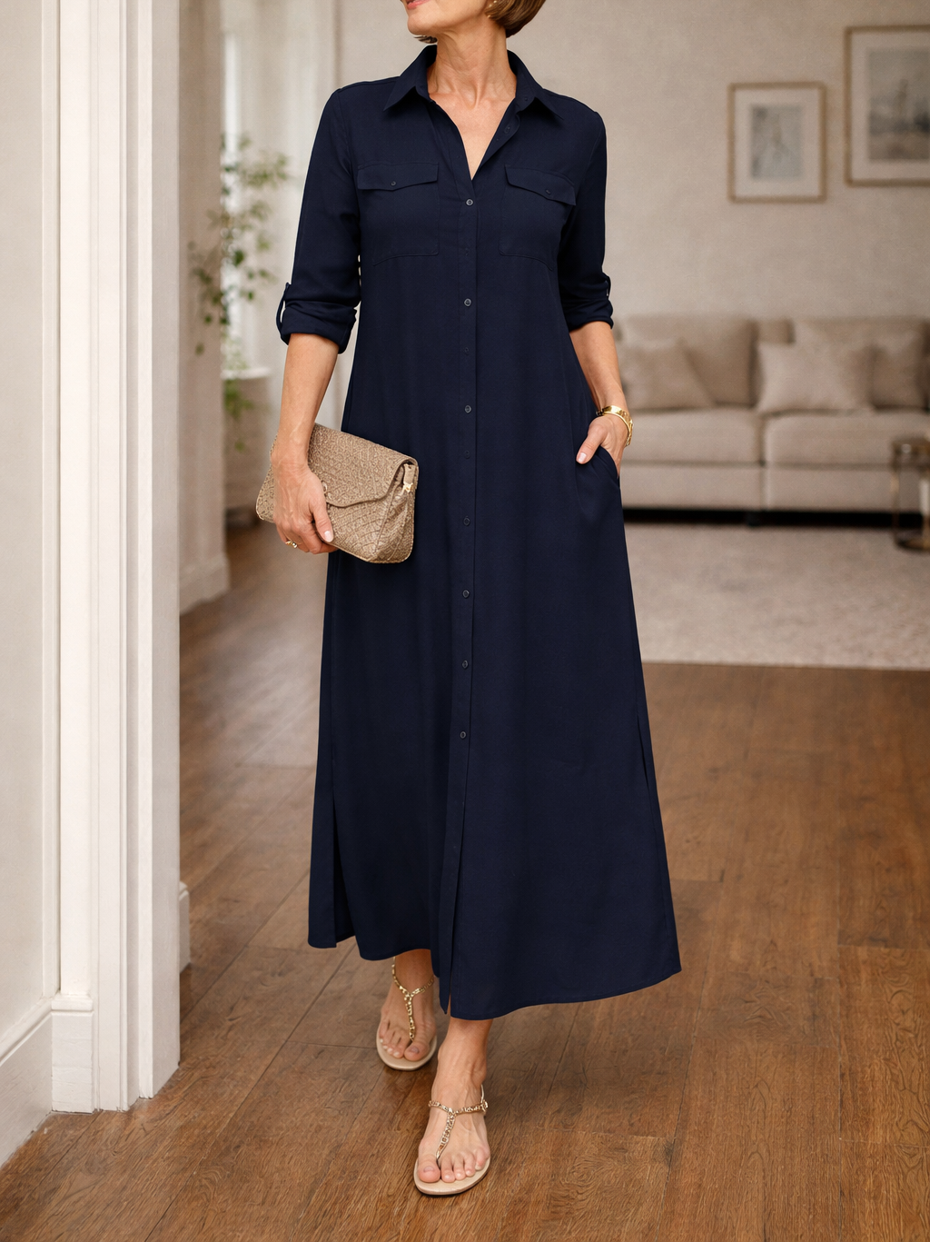 Women's Maxi Shirt Dress Collared Button Front Long Sleeve Side Slit Casual