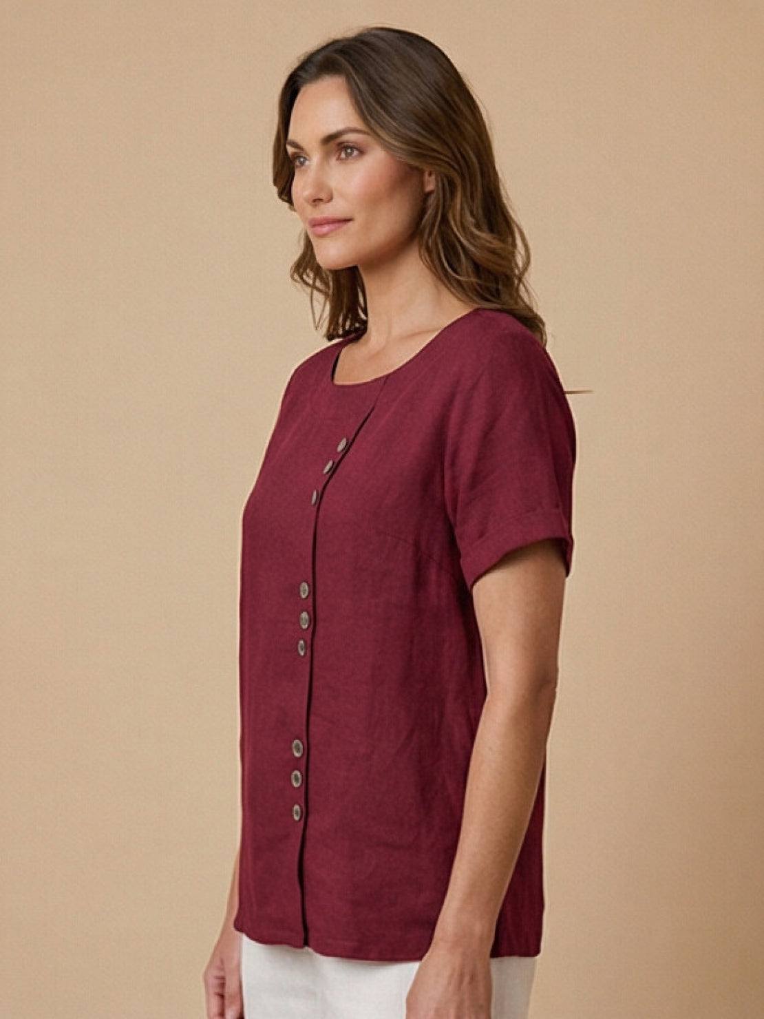 Foreen | Women's Casual Scoop Neck Button Detail Short Sleeve Top