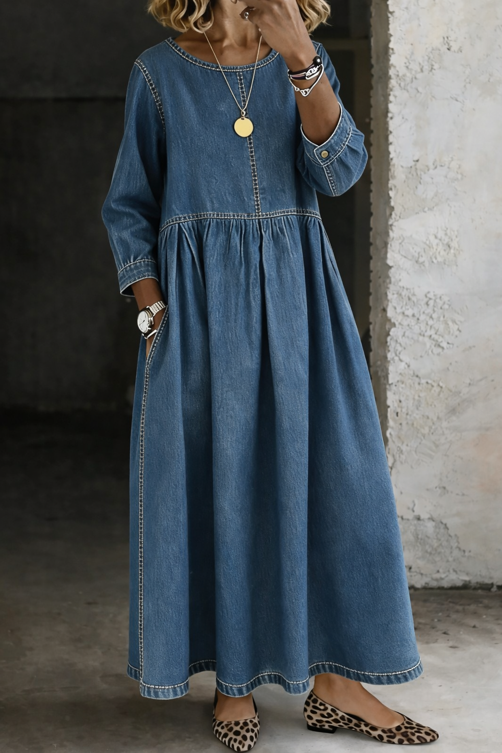 Women's Denim Maxi Dress Round Neck Long Sleeve Casual