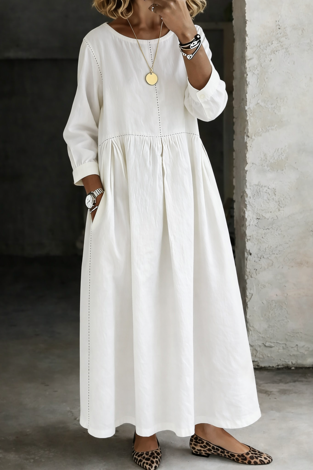Women's Denim Maxi Dress Round Neck Long Sleeve Casual