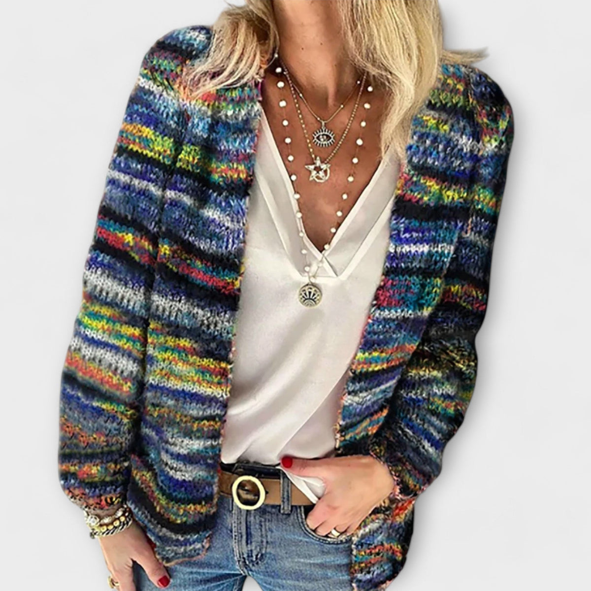 Roswen | Women's Multicolor Open-Front Knit Cardigan