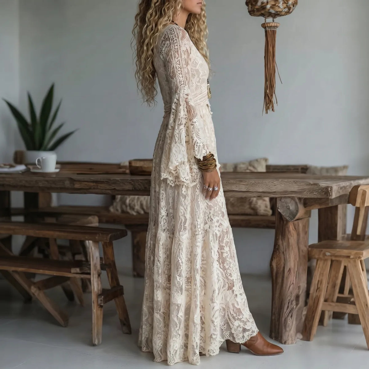 Roxanne - Deep V-Neck Bohemian Maxi Dress