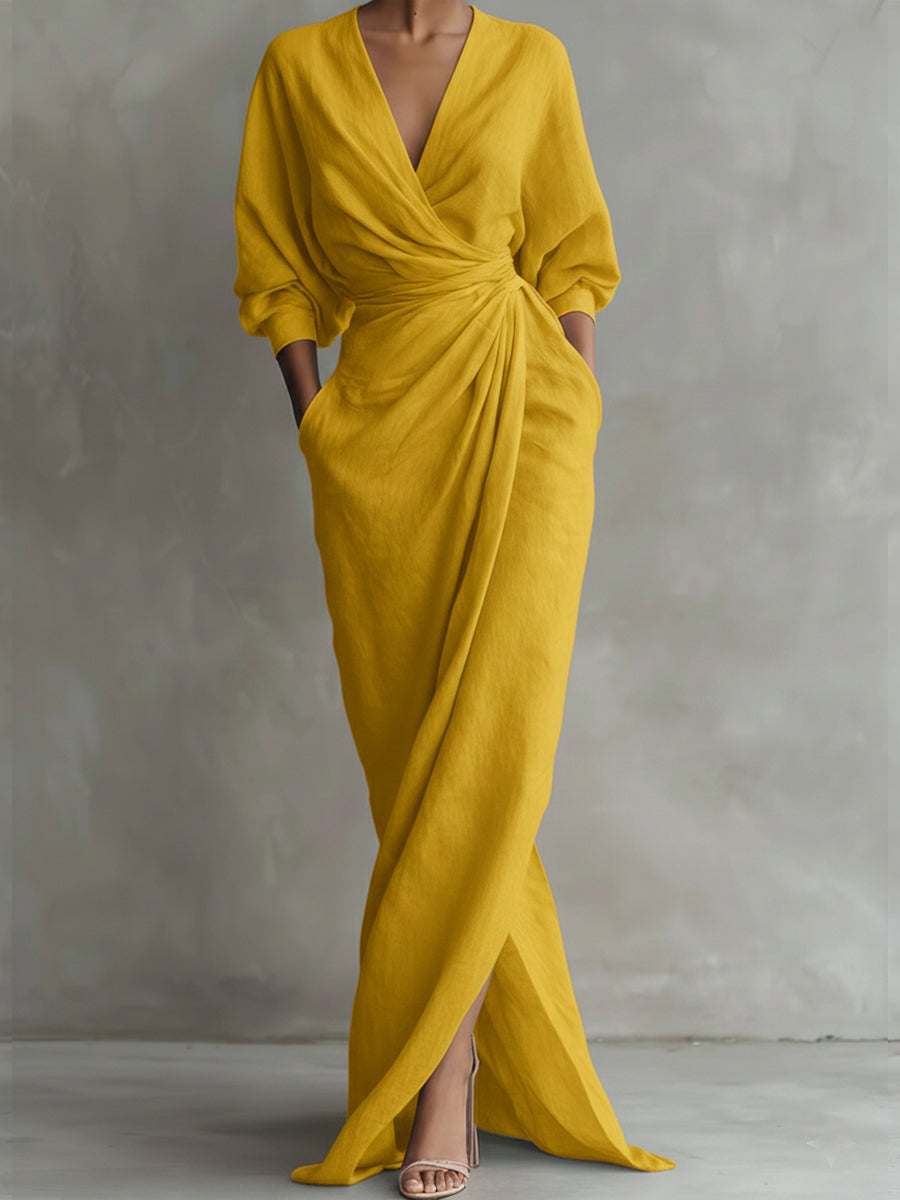 Women's Maxi Wrap Dress V-Neck Dolman Sleeves
