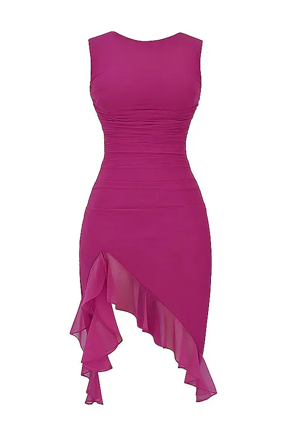 Women's Sleeveless Bodycon Midi Dress Ruffle Asymmetric Hem High Slit Boat Neck