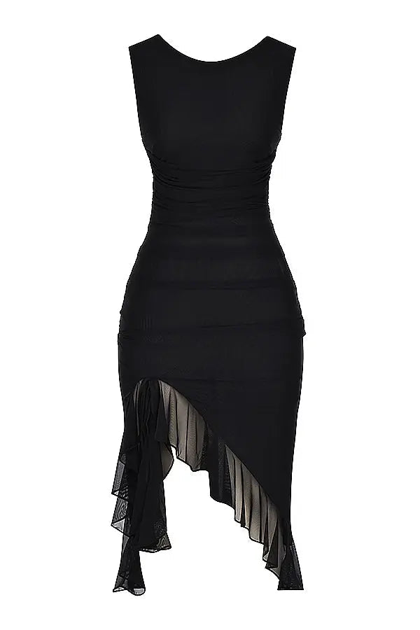 Women's Sleeveless Bodycon Midi Dress Ruffle Asymmetric Hem High Slit Boat Neck