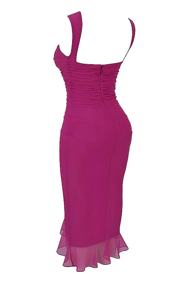 Women's Sleeveless Bodycon Midi Dress Ruffle Asymmetric Hem High Slit Boat Neck