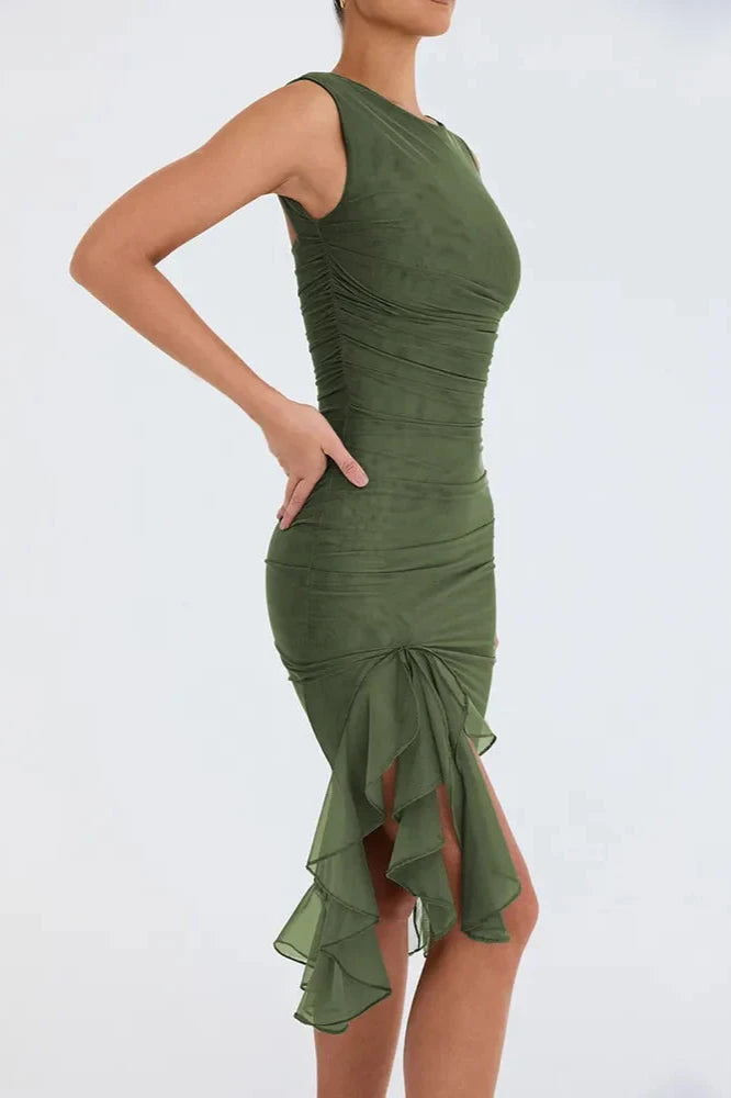 Women's Sleeveless Bodycon Midi Dress Ruffle Asymmetric Hem High Slit Boat Neck