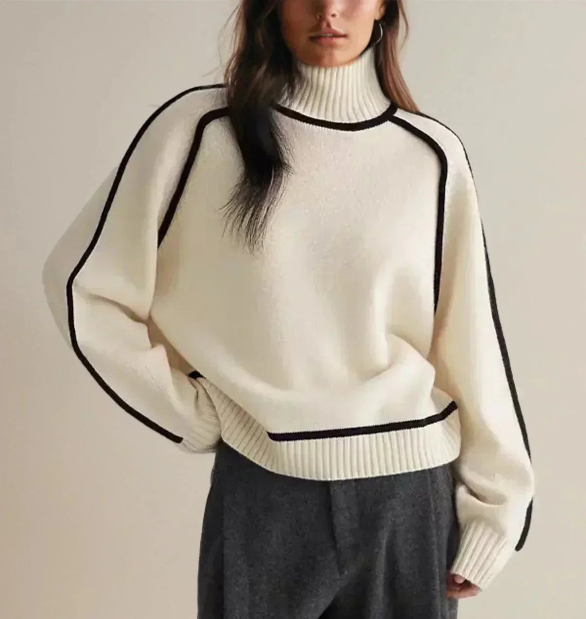Thessaly | Women's Turtleneck Sweater with Contrast Piping