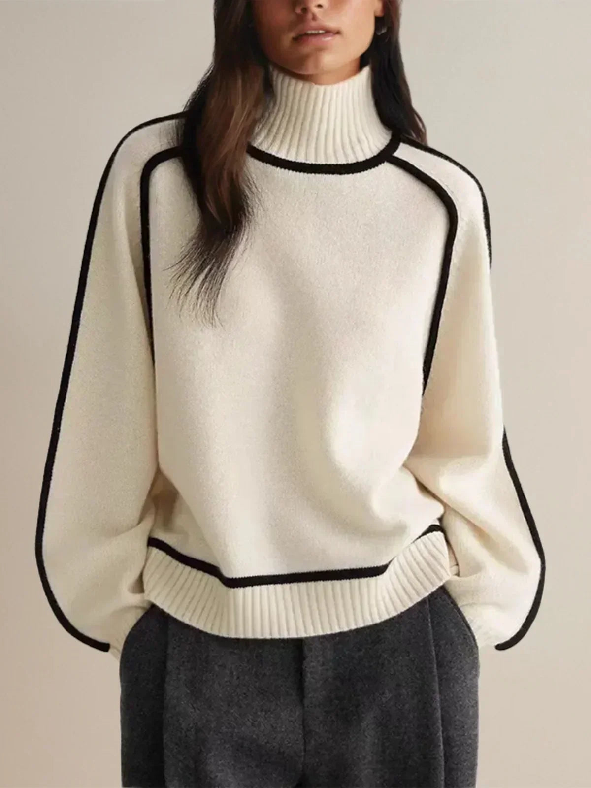 Thessaly | Women's Turtleneck Sweater with Contrast Piping