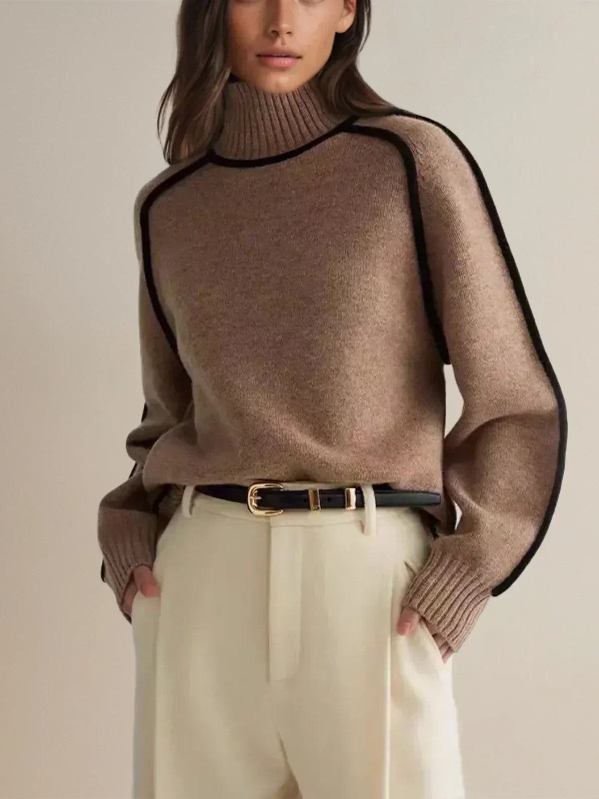 Thessaly | Women's Turtleneck Sweater with Contrast Piping