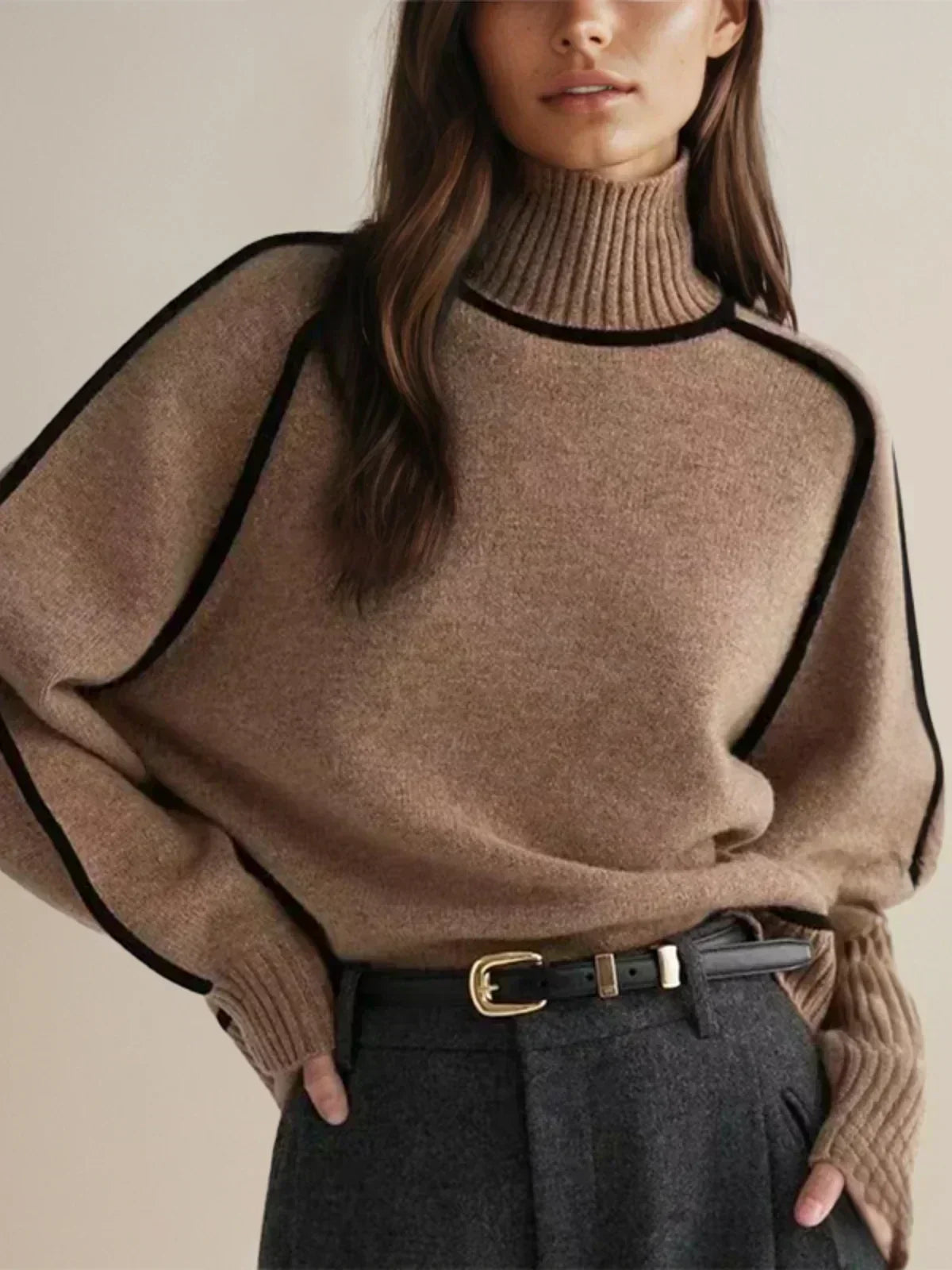 Thessaly | Women's Turtleneck Sweater with Contrast Piping