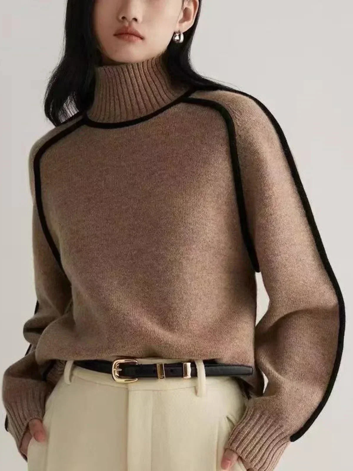 Thessaly | Women's Turtleneck Sweater with Contrast Piping