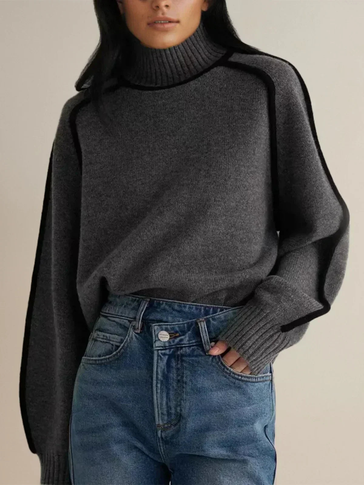 Thessaly | Women's Turtleneck Sweater with Contrast Piping