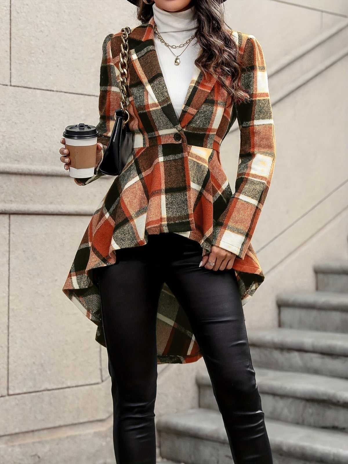 Threnova | Women's Plaid Open-Front Flared Jacket