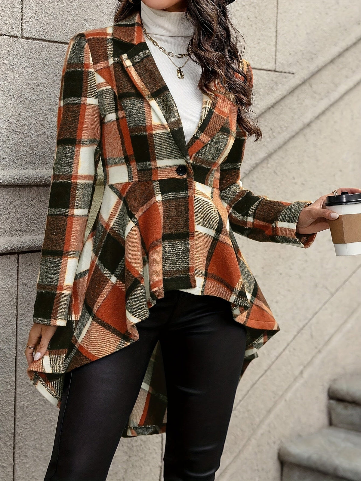 Threnova | Women's Plaid Open-Front Flared Jacket