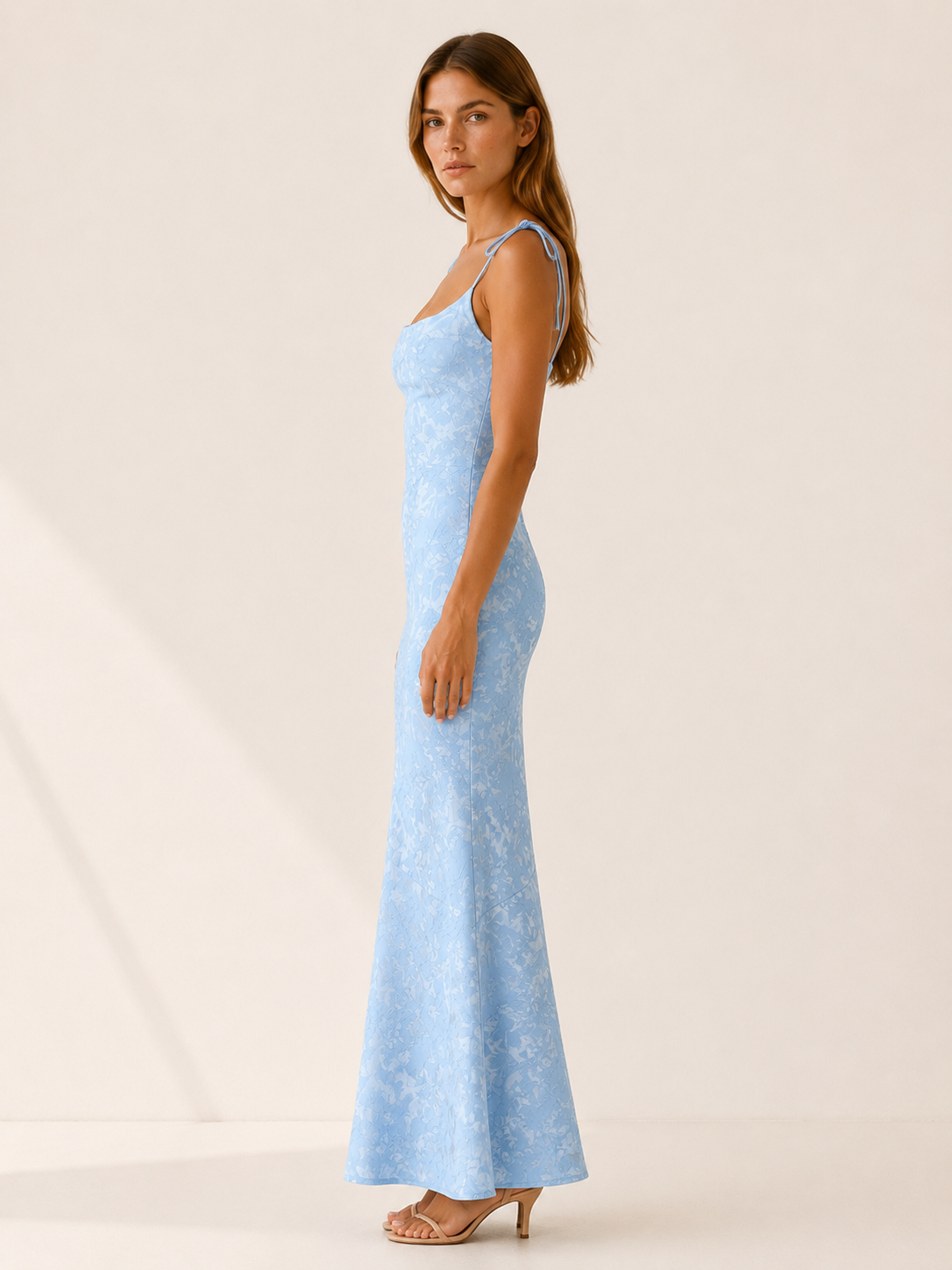 Women's Floral Jacquard Maxi Dress Lace Up Back Tie Straps Mermaid