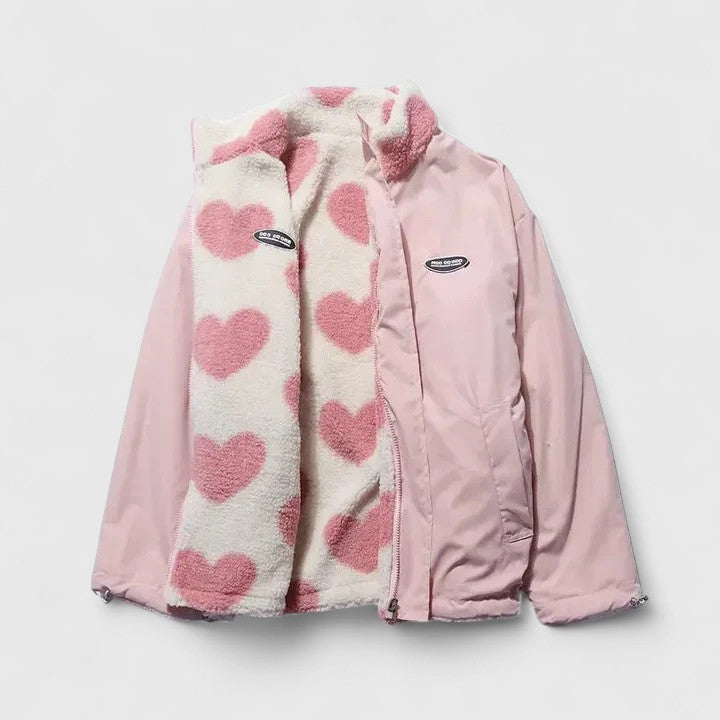 Tivella | Women's Fleece Zip-Up Heart Print Jacket