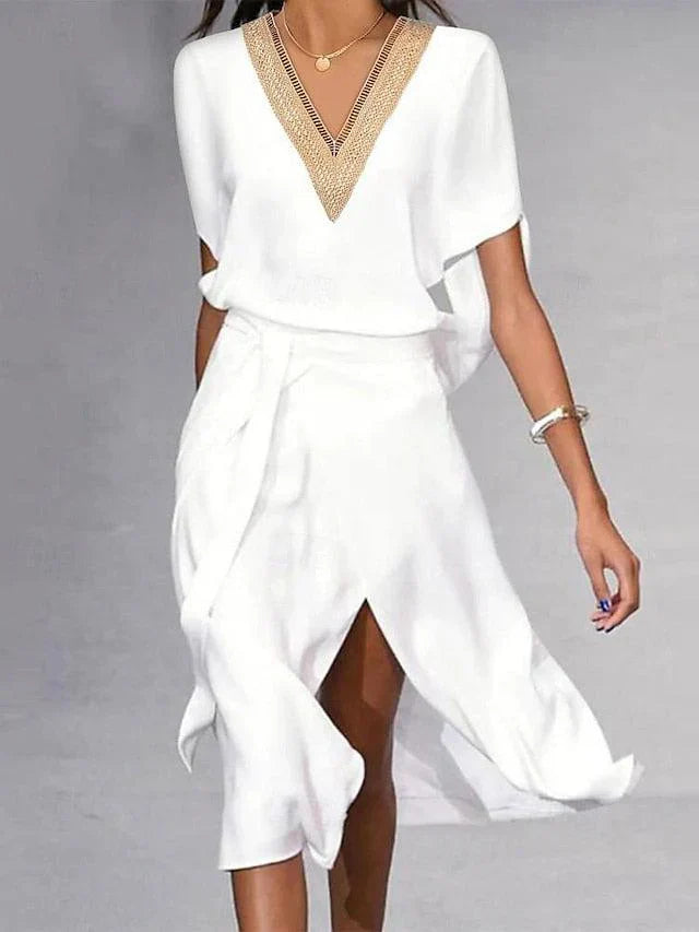 Lyra | Women's White Midi Dress V-Neck Gold Trim Short Sleeve
