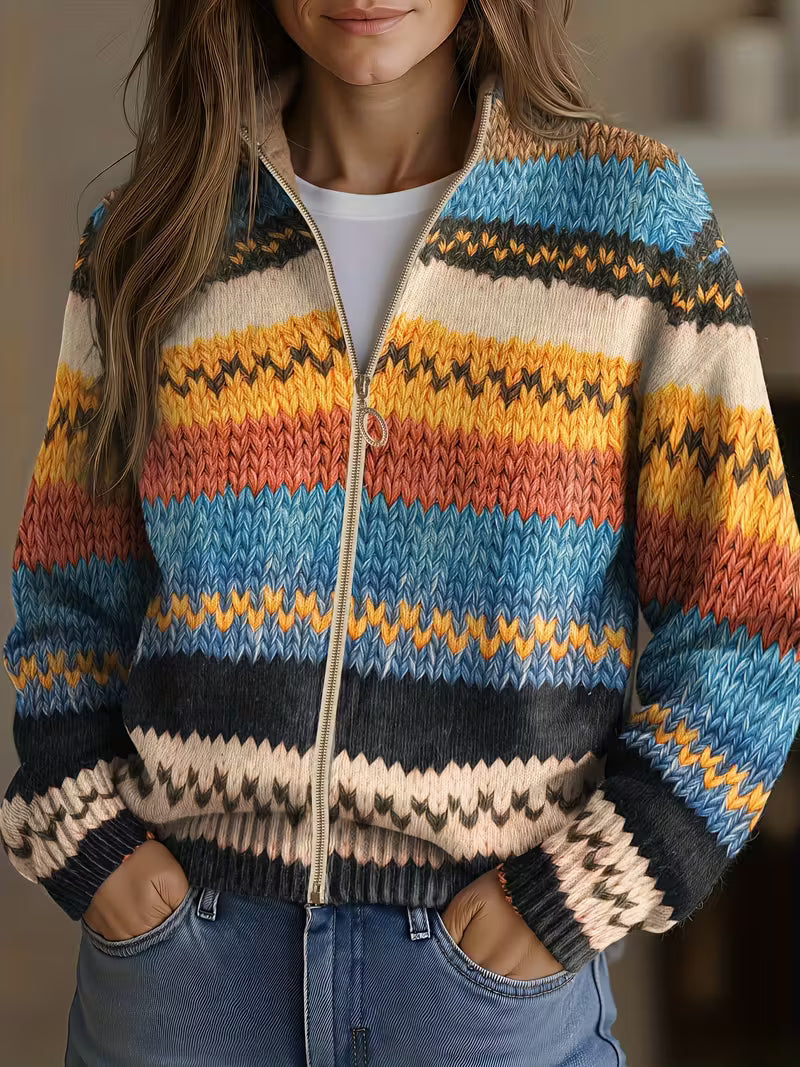 Trevena | Women's Striped Zip-Up Knit Cardigan