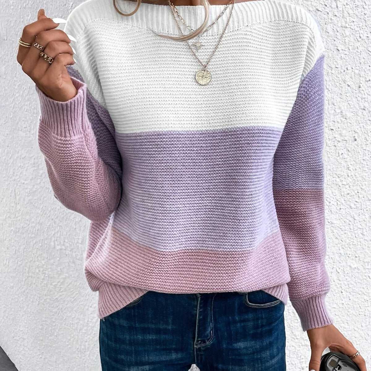 Varlinda | Women's Oversized Knit Color Block Sweater