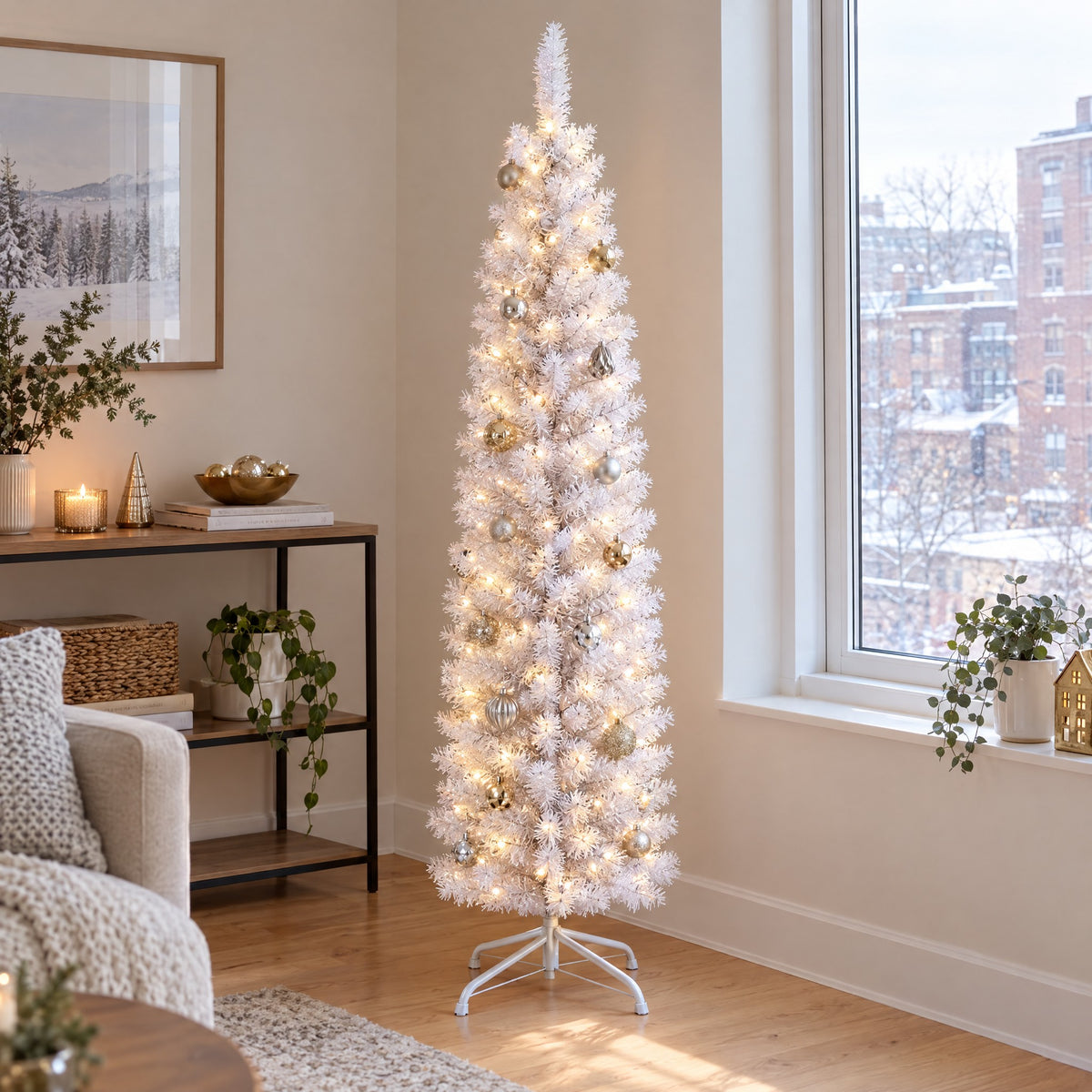 White Pencil Christmas Tree 4ft, 5ft, 6ft – Slim Artificial Tree, Optional Lights