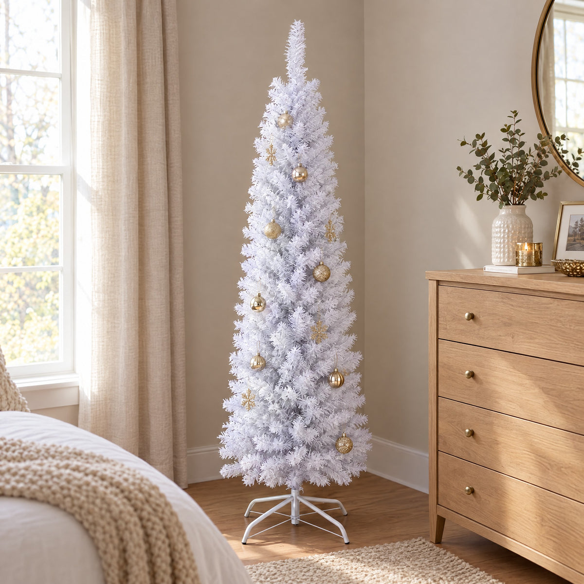 White Pencil Christmas Tree 4ft, 5ft, 6ft – Slim Artificial Tree, Optional Lights