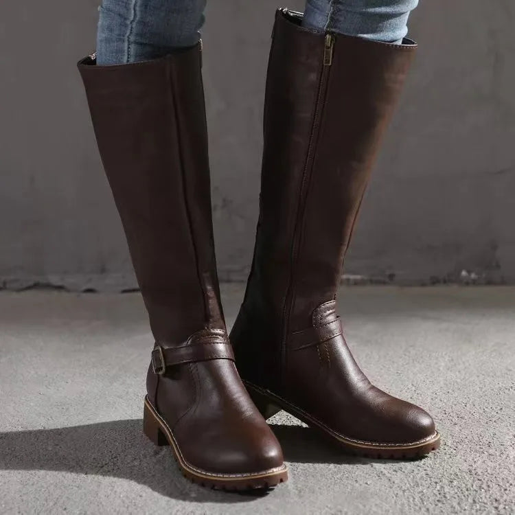 Knee High Buckle Block Heel Boots